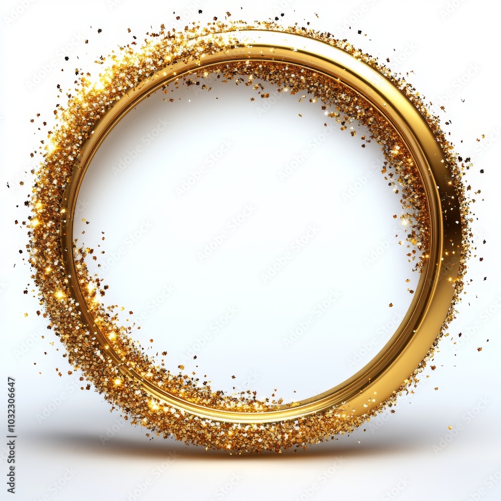 Poster sparkles of gold on white background with white circle shape for text and design.