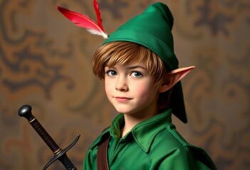 Peter Pan Never grow up with a green tunic feathered hat and dag