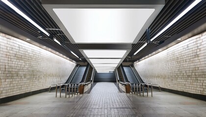 Obraz premium Modern underground passage with empty mock up banners, ceiling lamps and stairs. Subway tile wall. 3D Rendering.
