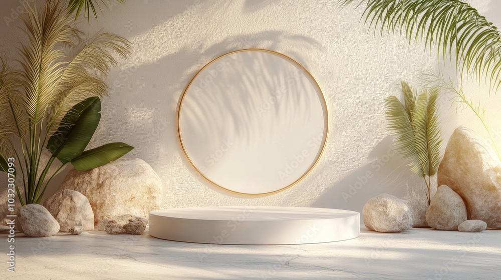 Aufkleber a minimalist studio setting features a circular golden frame illuminated by soft light