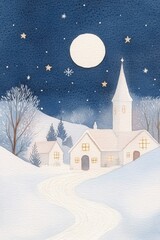 Naklejka premium Serene winter village under a starry night sky