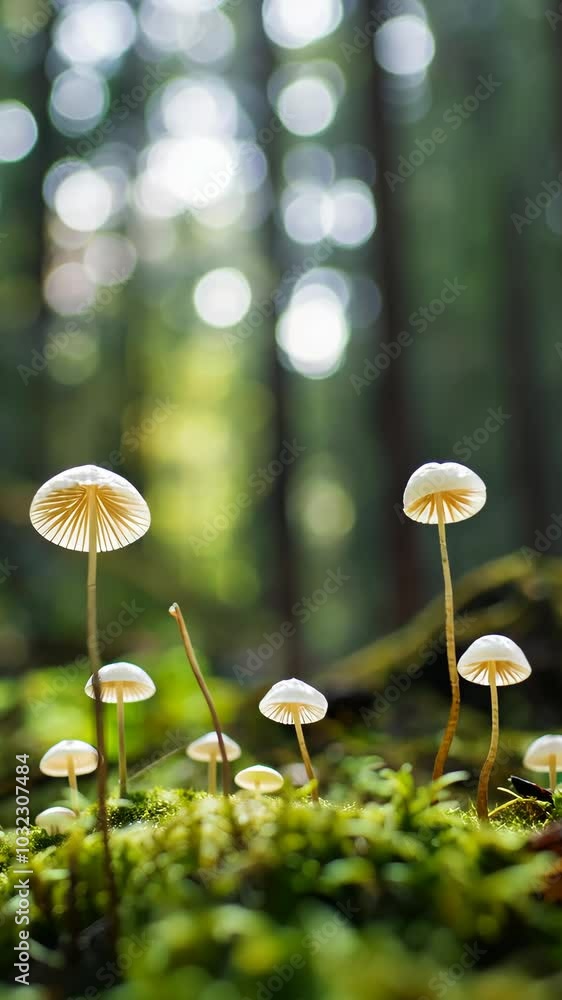 Poster close-up of white mushrooms in forest with blurred bokeh effect