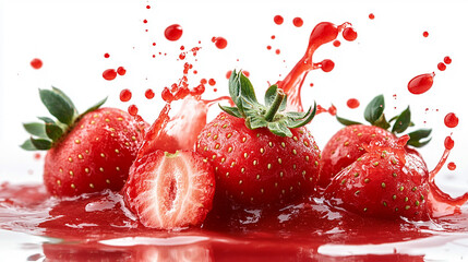 Realistic red strawberry melt and splash of fresh juice isolated on white background