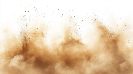 Splash of sandstorm sand dust cloud flying particles isolated on white background. Golden grain wave explode.