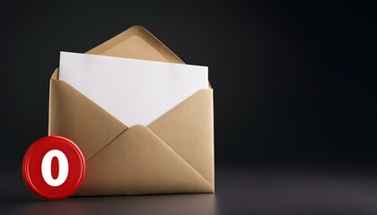 No messages or notification concept with front view on beige email paper envelope with white zero in red circle on the corner on dark background. 3D rendering