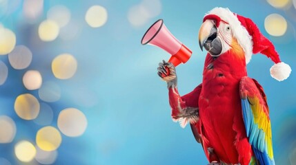 Festive parrot in Santa hat holding megaphone against bokeh background.