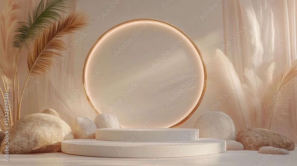 Aufkleber a minimalist studio setting features a circular golden frame illuminated by soft light
