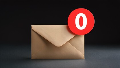 No messages or notification concept with front view on beige email paper envelope with white zero in red circle on the corner on dark background. 3D rendering