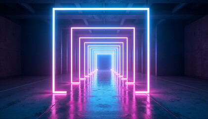 3d render, glowing lines, tunnel, neon lights, virtual reality, abstract background, square portal, arch, pink blue spectrum vibrant colors, laser show. 3D render abstract background, Neon LED lights.