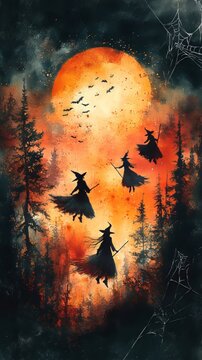 Enchanted scene of witches flying under a large moon amidst dark trees and a fiery sky.