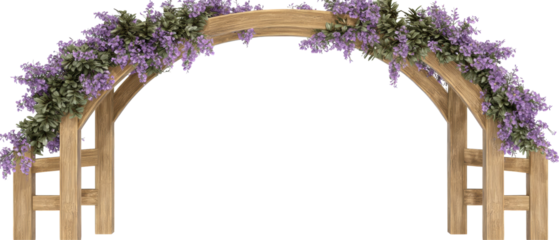 A wooden floral arch adorned with purple flowers, perfect for weddings or garden entryways, exuding charm and elegance.