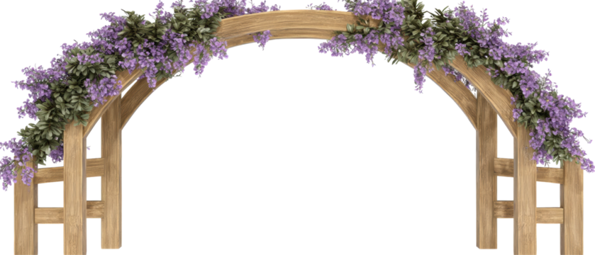 A wooden floral arch adorned with purple flowers, perfect for weddings or garden entryways, exuding charm and elegance.