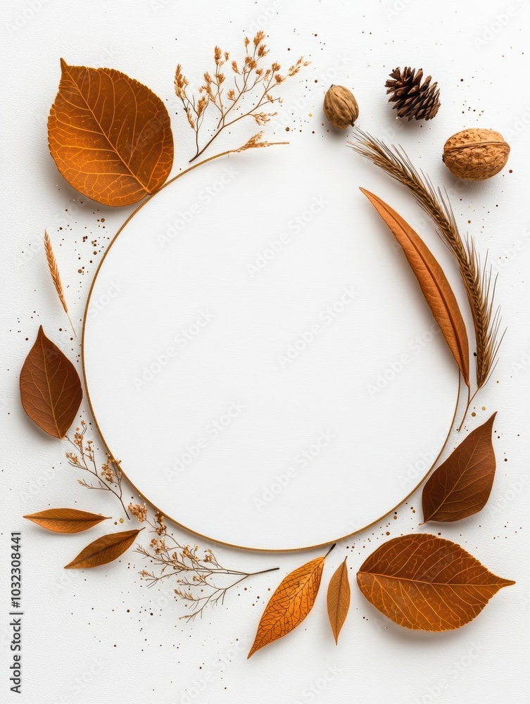 Poster autumn leaves and nuts arranged in a circular frame on a white background.