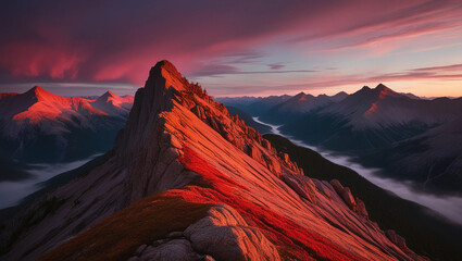 Majestic Mountain Sunset with Vibrant Colors and Soft Mist