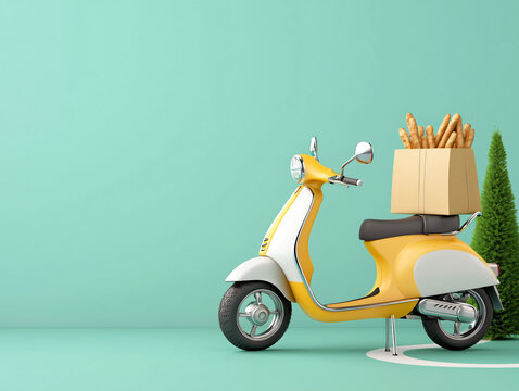 vibrant delivery scooter with box of fresh bread is parked against mint green background, surrounded by decorative trees. This scene captures essence of modern food delivery