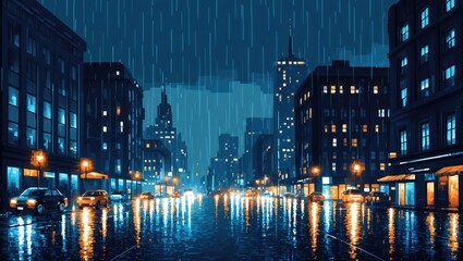 Rainy street in the city, pixel art