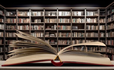 book with open pages on the shelf in library