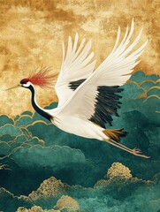 Elegant crane soaring through stylized clouds © pasiporn