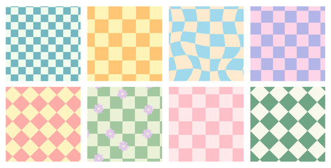 Distorted checkered seamless patterns set. Psychedelic retro backgrounds 60s 70s style. Vector seamless pattern