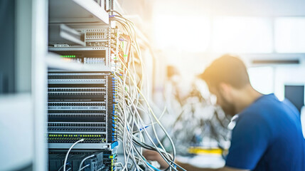 Technician in modern office maintaining network server, surrounded by cables and routers, showcasing focus and professionalism in IT infrastructure management.