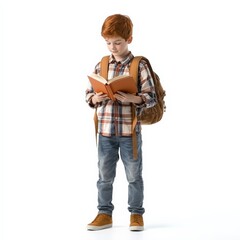 boy with short red hair reading a book, standing with a backpack