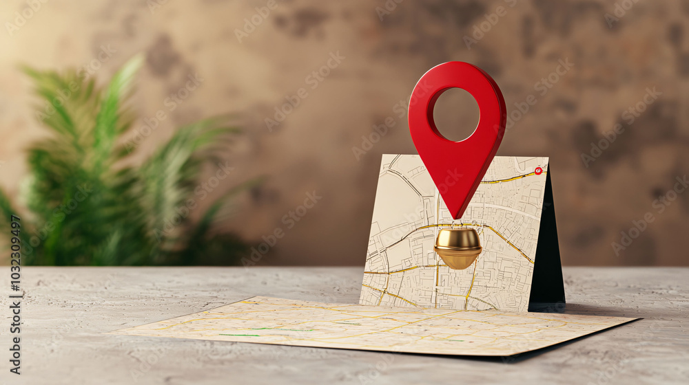 Poster virtual map with prominent red location pin stands out against textured background, symbolizing navi