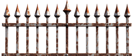 A rusty metal fence features sharp, pointed tops, illustrating a classic design with hints of aging and weathering.