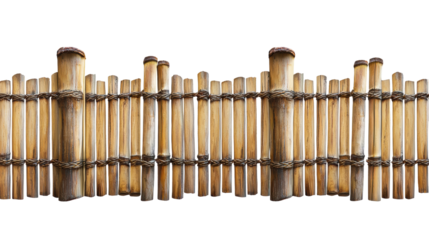 A collection of bamboo poles arranged vertically, creating a natural barrier or decorative element against a transparent background.