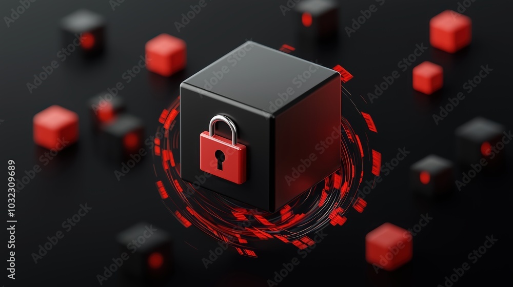 Poster black box with a red lock on it. the lock is surrounded by red cubes. concept of security and protec