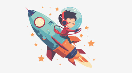 Kid with Headphones on Rocket - Flat Vector Illustration