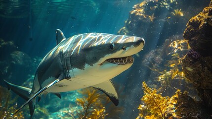 A large, great white shark swims through clear blue water with sunlight shining on its back.  It has its mouth open, revealing sharp teeth.  Seaweed and rocks surround it.