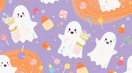 Cute ghosts trick-or-treating with candy and lollipops on a colorful Halloween-themed background