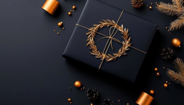 Elegant black gift box with golden wreath and decorations, perfect for festive occasions.