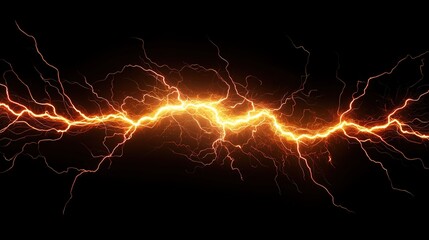Bolt of lightning strikes a black background. The image is dark and ominous, with the bright orange of the lightning creating a stark contrast against the black background