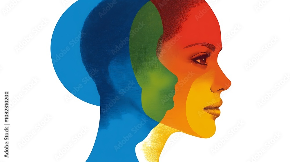 Poster a woman's profile is shown in red, yellow and green tones with a blue circle. her features are obscu
