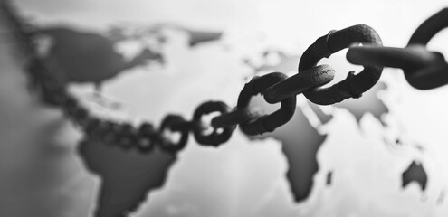 Obraz premium Close-up of chain overlaid on blurred world map symbolizing global connections