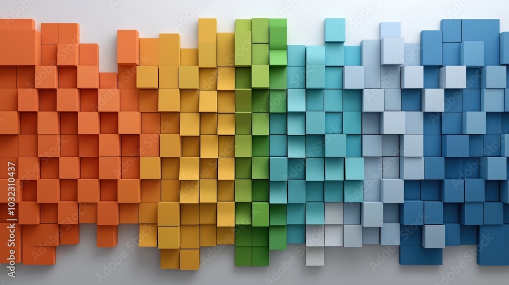 Poster colorful wall made of blocks with a rainbow pattern. the blocks are of different colors and sizes, c