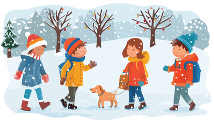 Fototapeta premium Kids of School Age with Dog in Winter Park - Handdrawn Illustration