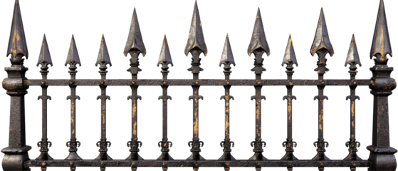 An ornate, wrought iron fence featuring sharp, pointed spikes, exuding a gothic charm against a transparent background.