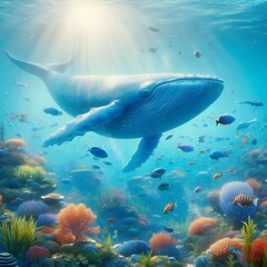 Fototapeta premium Blue whale under ocean blue water