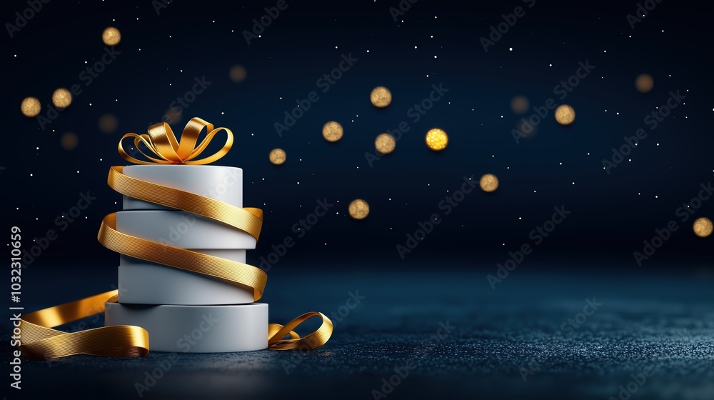 Poster gold ribbon is wrapped around a stack of white boxes. the boxes are stacked on top of each other, an