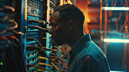 Technician in modern office maintaining network server, surrounded by cables and routers, showcasing focus and professionalism in IT infrastructure management.