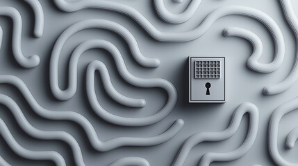 Gray and white image of a maze with a keyhole in the middle. The maze is made up of lines and curves, and the keyhole is small and dark. Scene is mysterious and intriguing