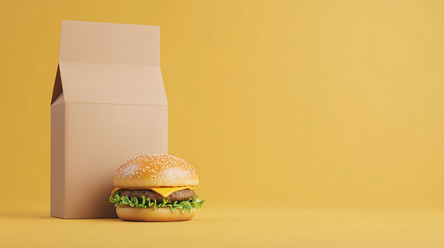 delicious cheeseburger with fresh lettuce sits next to plain takeout box against vibrant yellow background, evoking sense of hunger and anticipation