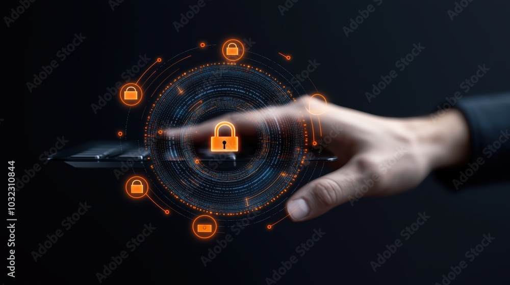 Poster hand is pointing to a screen with a lock symbol on it. concept of security and protection
