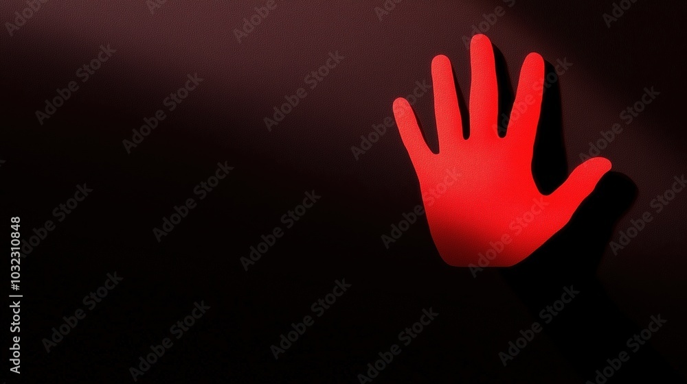 Poster hand is shown in red with a shadow on the wall behind it. the hand is the only thing visible in the 
