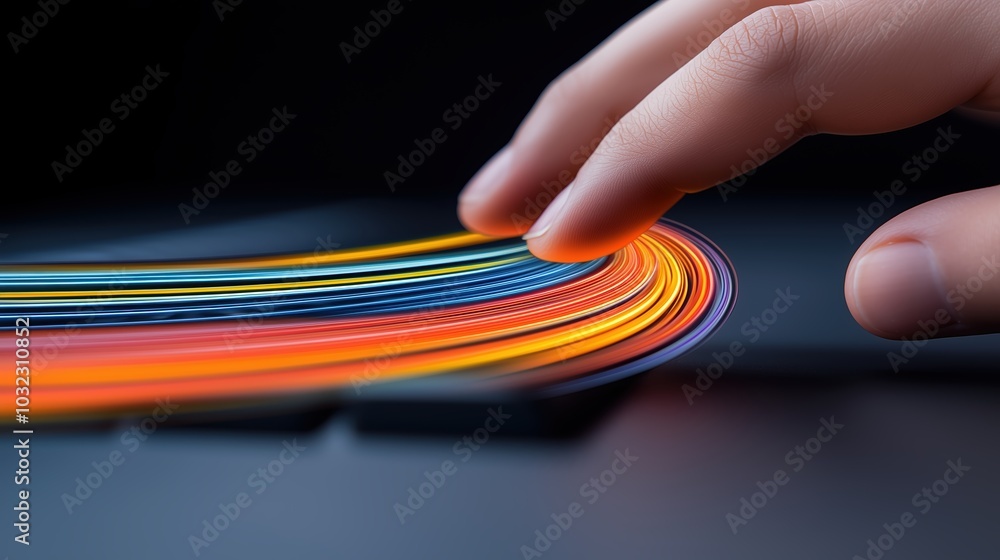 Poster hand is touching a colorful line on a screen. concept of creativity and imagination, as the hand see