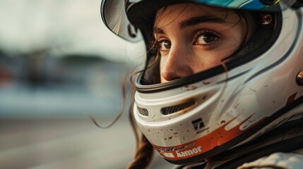 Close-up of a young woman in a racing helmet, her eyes focused with determination, preparing for a race. defocus