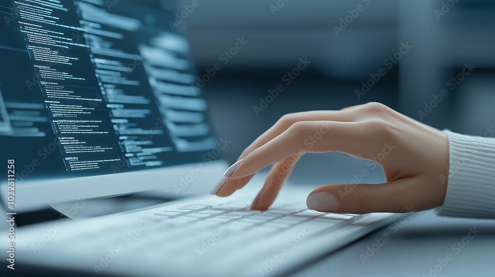 Poster person is typing on a computer keyboard with a blue screen behind them. concept of focus and concent