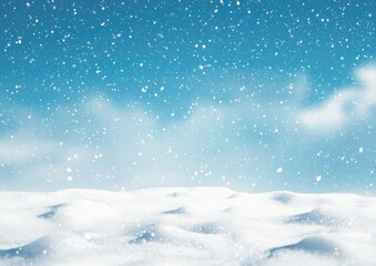 Close-up of snow-covered ground with falling snowflakes and a blue sky background Generative AI